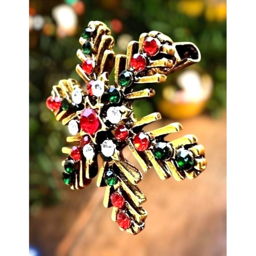 Christmas Snowflake Brooch Pin Star Red Green Crystal Accents Festive Wi… - Picture 4 of 12